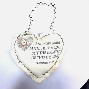 Cloth Heart with Wire hanger I Corinthians 13:13 faith hope & Love handmade